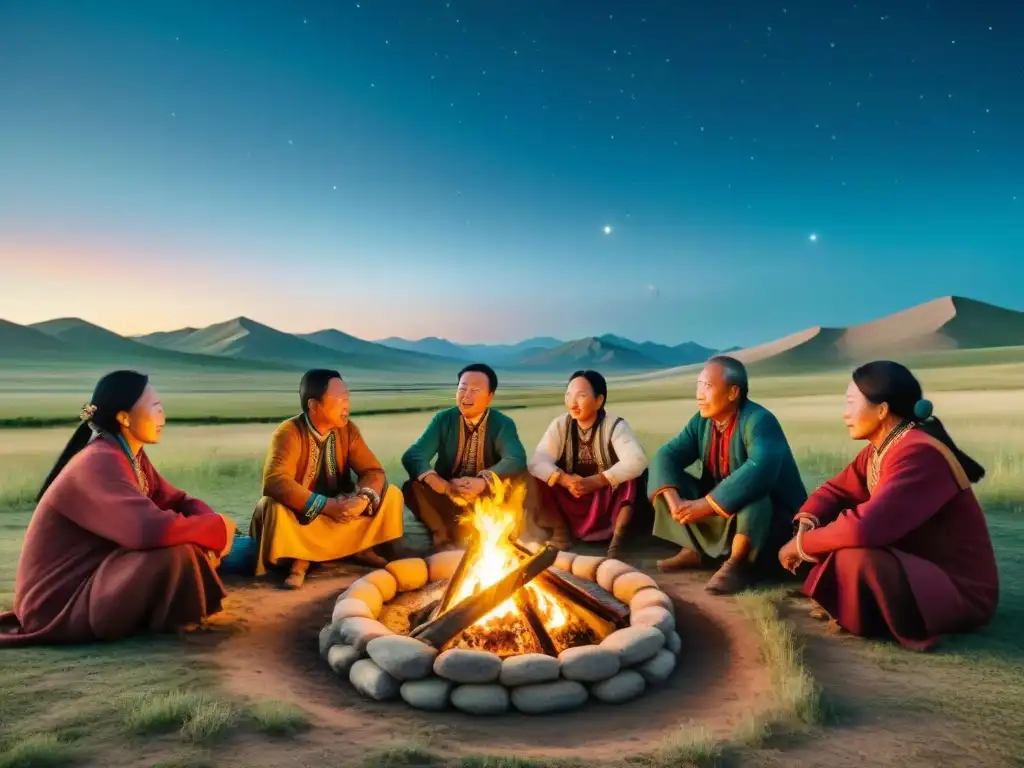 Una tribu nómada se reúne alrededor de una hoguera bajo un cielo estrellado en la estepa mongola, compartiendo historias y tradiciones