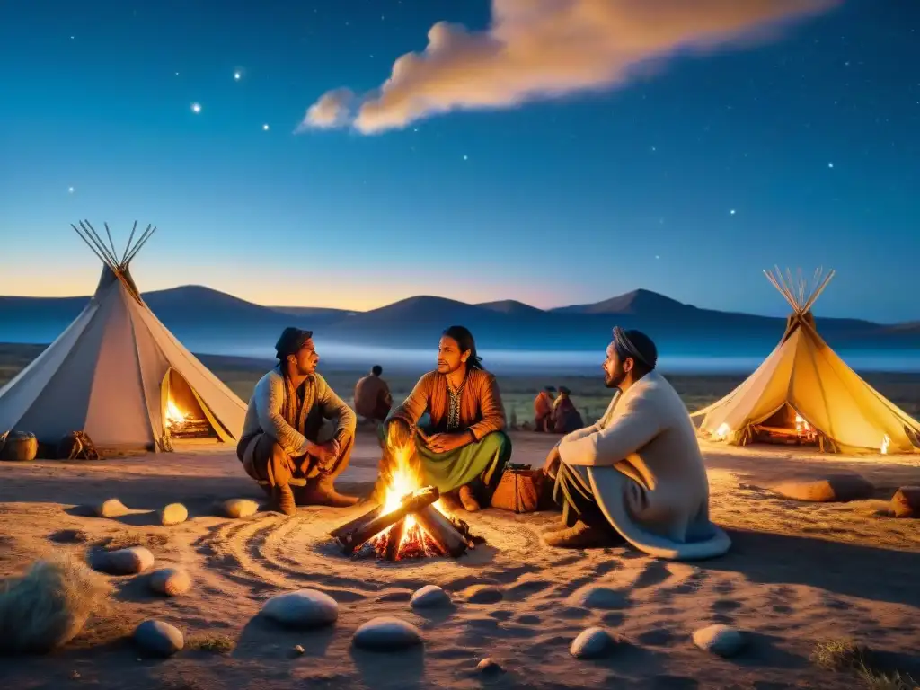 Una tribu nómada preserva sus identidades culturales alrededor de fogata bajo estrellado cielo nocturno