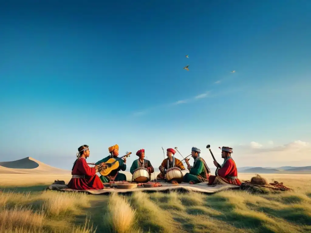 Tribu nómada tocando instrumentos musicales tradicionales bajo el cielo abierto de la estepa