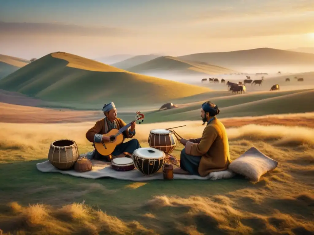 Tribu nómada tocando instrumentos musicales bajo el cielo abierto de las estepas