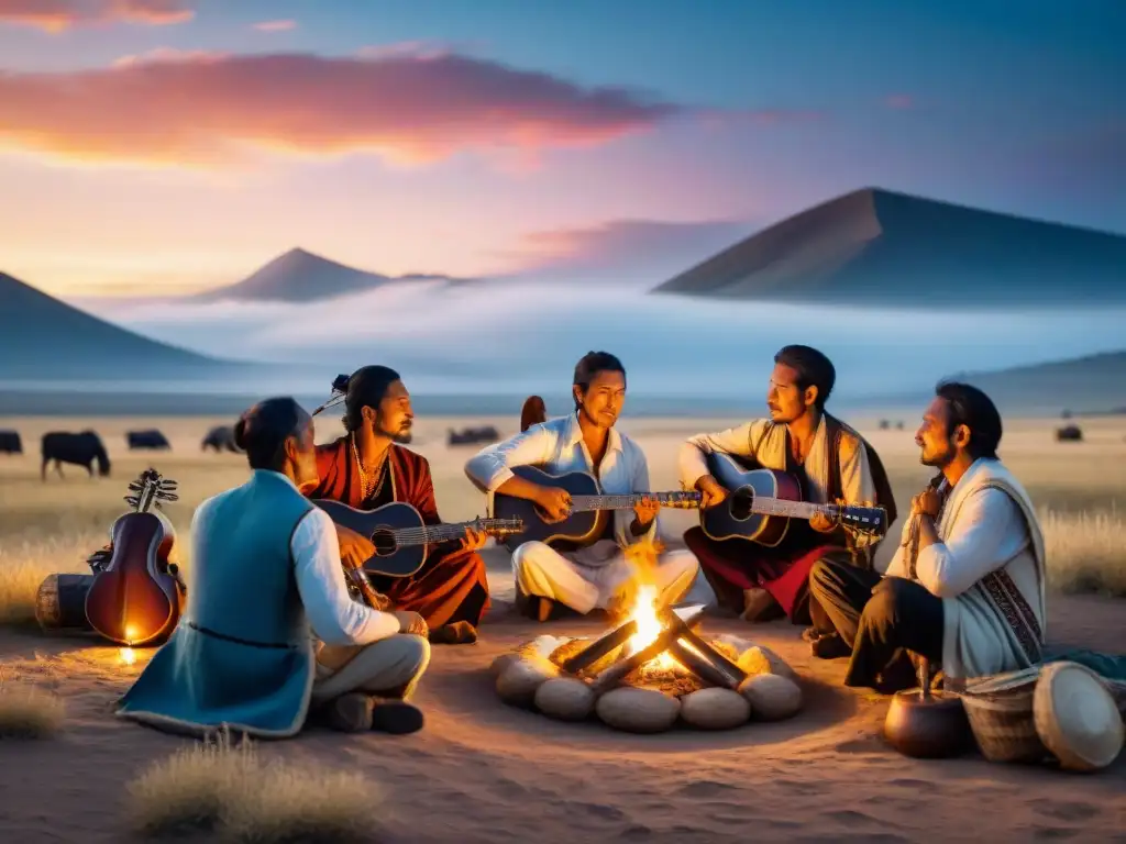 Una tribu nómada tocando instrumentos tradicionales bajo un cielo estrellado en la llanura, sumergidos en la música