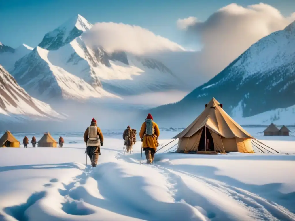 Una tribu nómada en invierno frío extremo, mostrando su resiliencia y estrategias de supervivencia