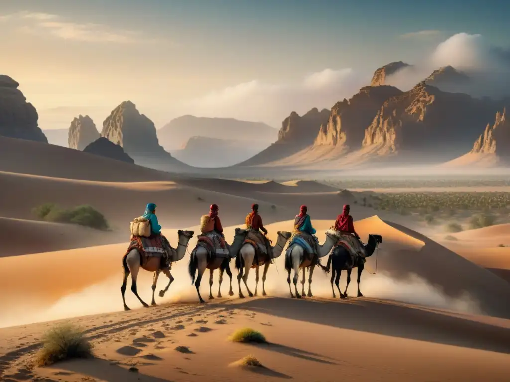 Una tribu nómada en largas campañas en el desierto, gestionando recursos con camellas cargadas