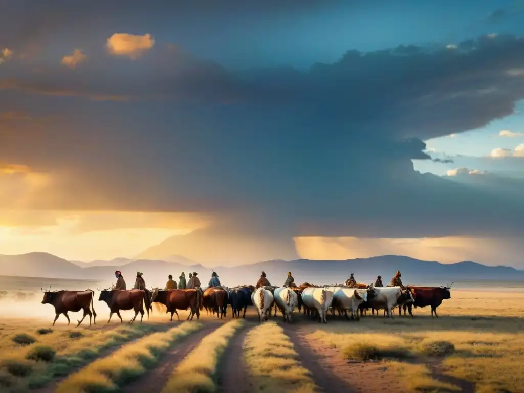 Tribu nómada pastoreando ganado en vastas llanuras al atardecer