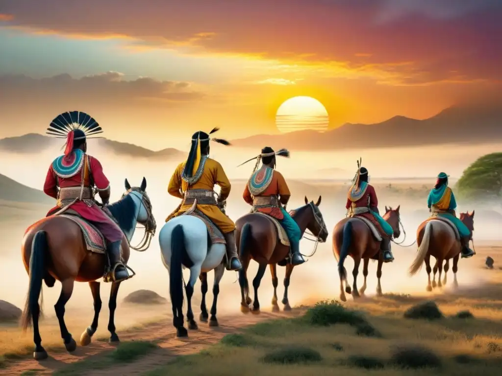 Una tribu nómada atraviesa llanuras doradas al atardecer, evocando la historia de tribus nómadas en la literatura moderna