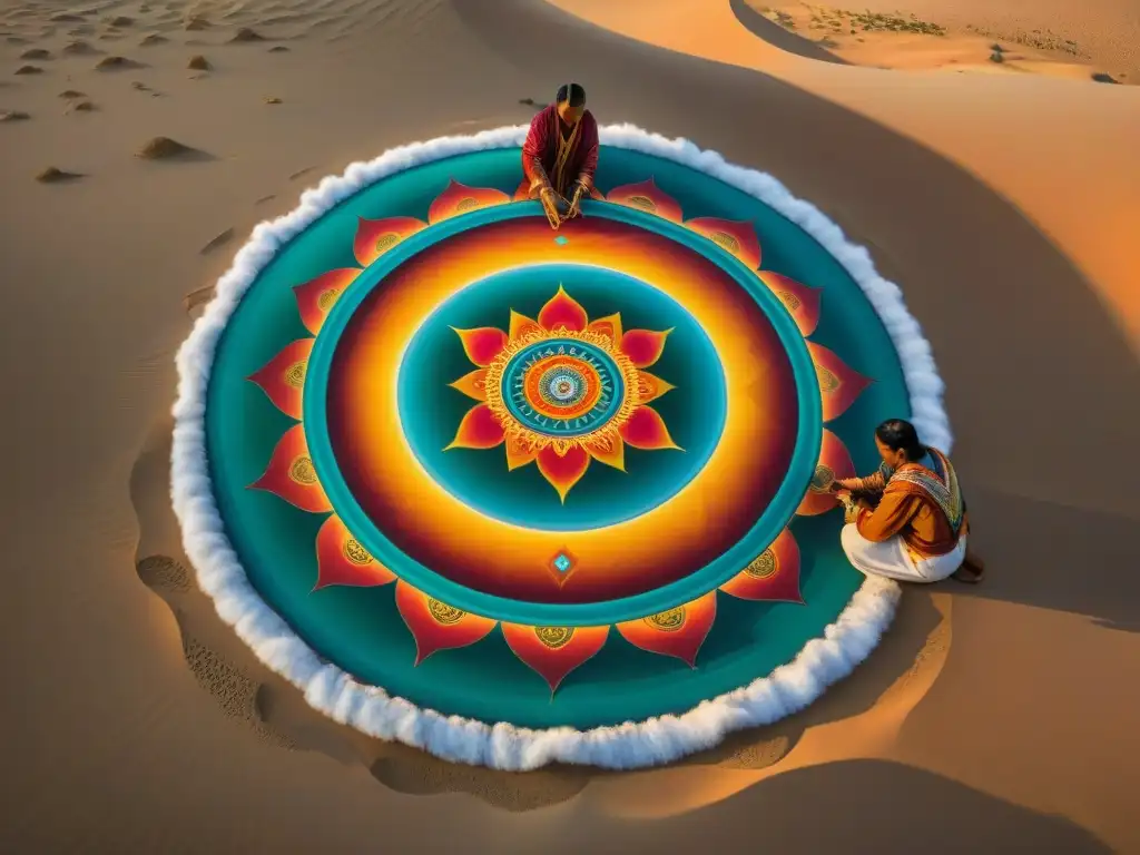 Un tribu nómada crea una mandala de arena en el desierto