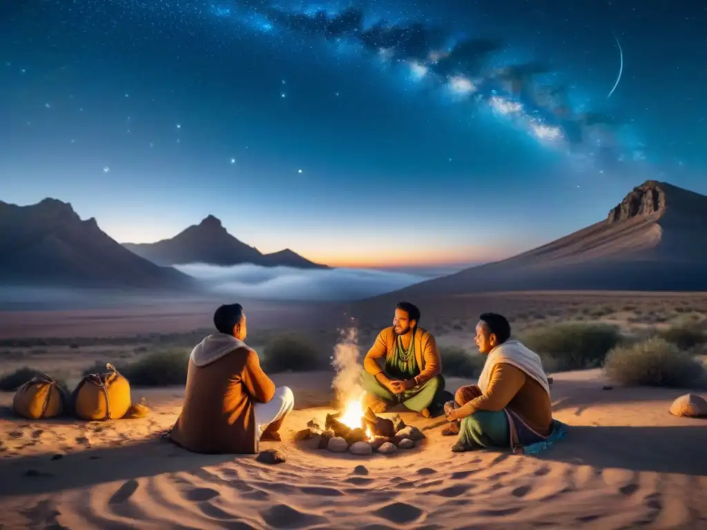 Tribu nómada maravillada por eventos celestiales bajo cielo estrellado