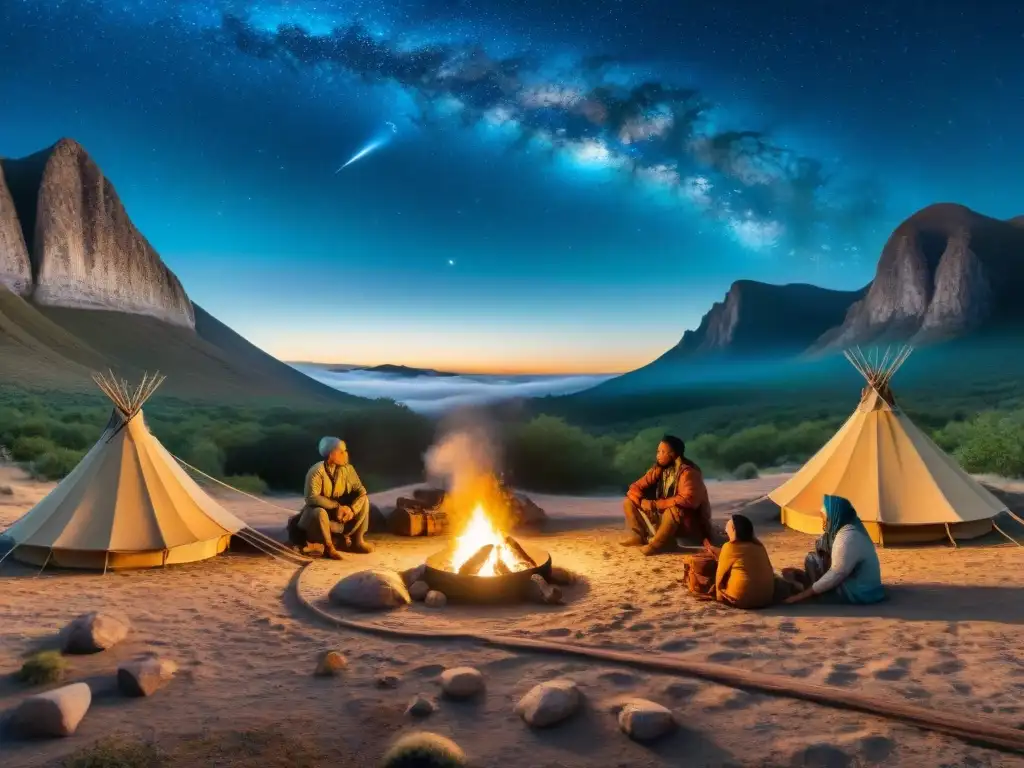 Tribu nómada maravillada por eventos celestiales en la noche estrellada