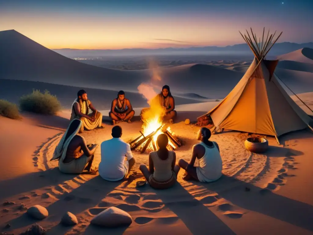 Tribu nómada descifrando mensajes en la noche del desierto