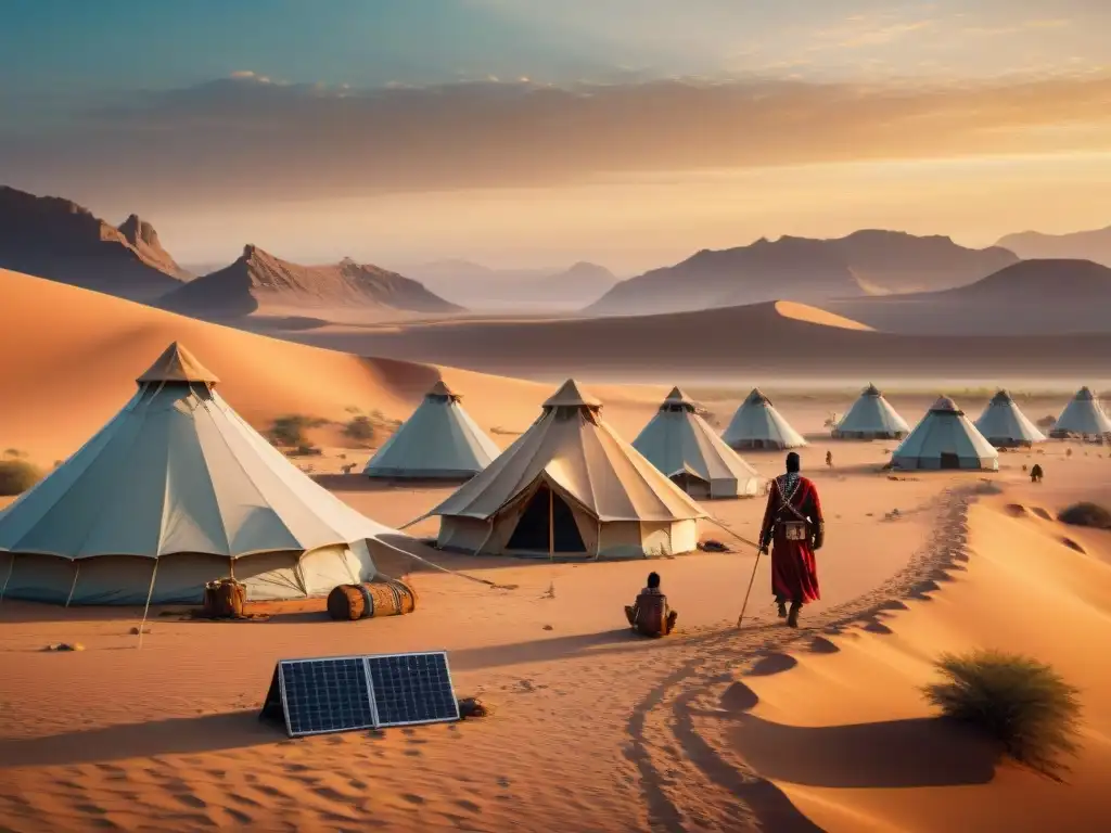 Una tribu nómada moderna con tecnología: tiendas tradicionales entre paneles solares y drones en un desierto al atardecer