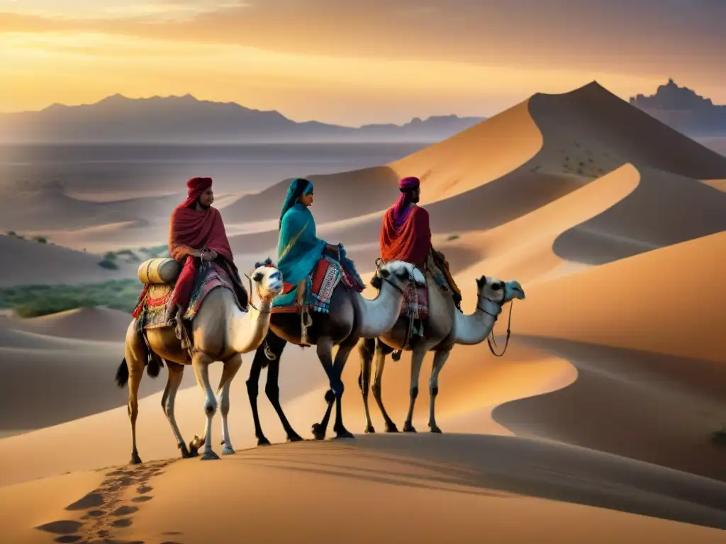 Tradiciones nómadas: tribu en el desierto al atardecer Una tribu nómada en movimiento, vestimentas tradicionales coloridas ondeando en el viento, en un desierto al atardecer dorado