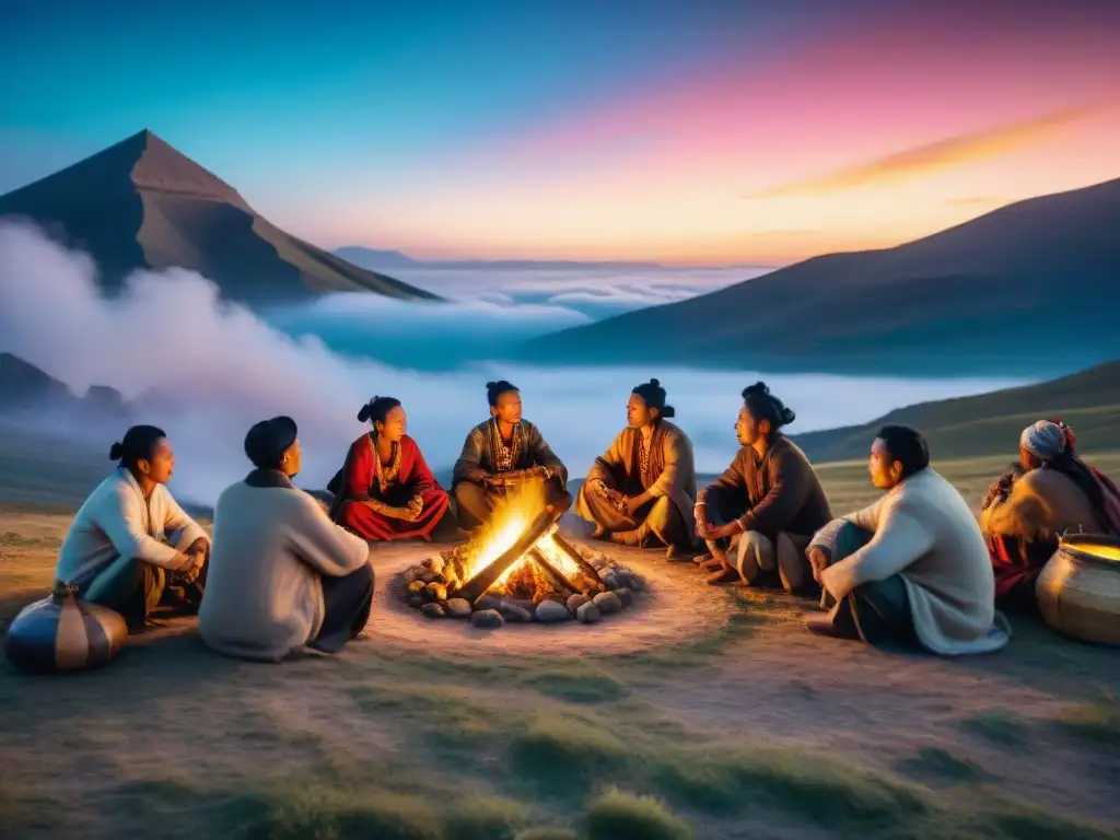 La tribu nómada: música ancestral bajo las estrellas Tribu nómada tocando música ancestral alrededor de fogata en estepa estrellada
