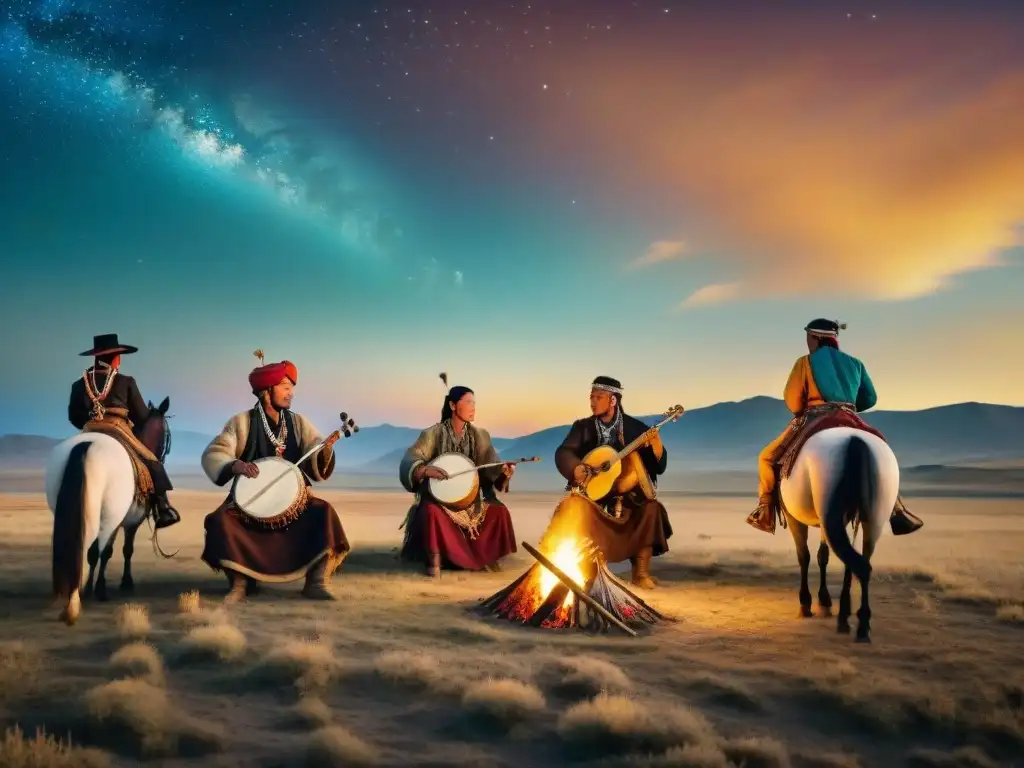 Tribu nómada tocando música tradicional bajo las estrellas en la estepa