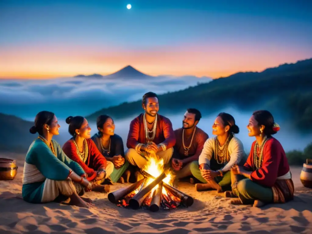 Tribu nómada tocando música tradicional alrededor de fogata bajo cielo estrellado