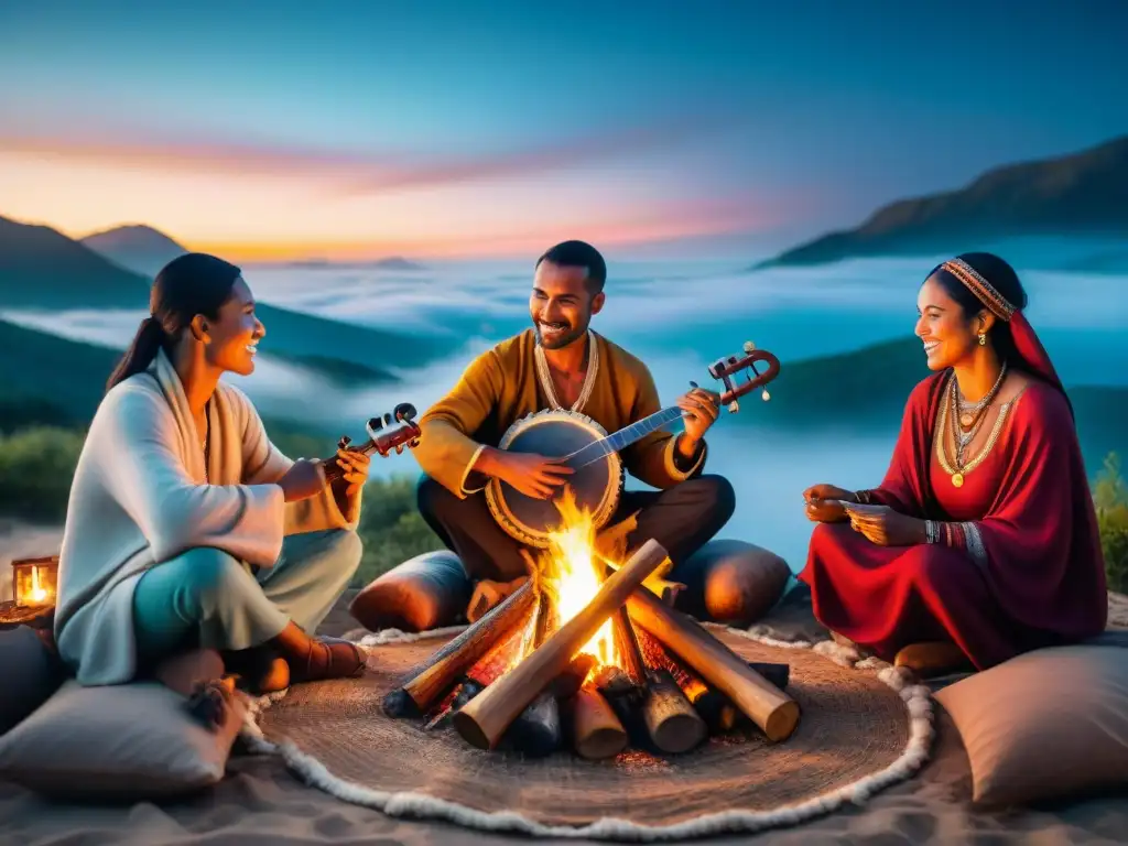 Una tribu nómada disfruta de la tradición musical alrededor de la fogata bajo un cielo estrellado