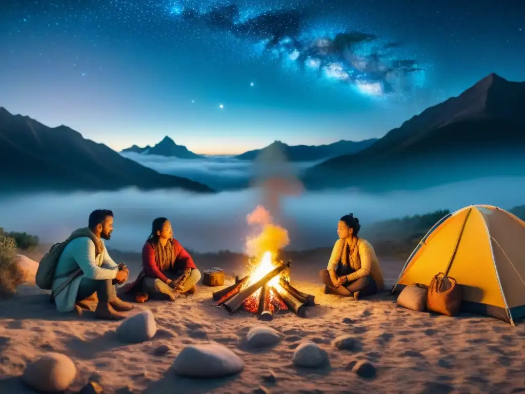 Una tribu nómada celebra la navegación estelar alrededor de una fogata bajo un cielo estrellado