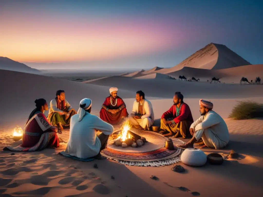 Una tribu nómada en la noche del desierto, rodeada de camélidos y vestimenta tradicional