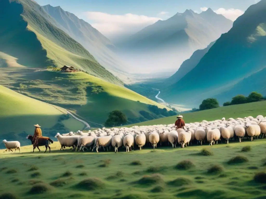 Tribu nómada pastoreando ovejas en valle verde con montañas al fondo bajo cielo azul