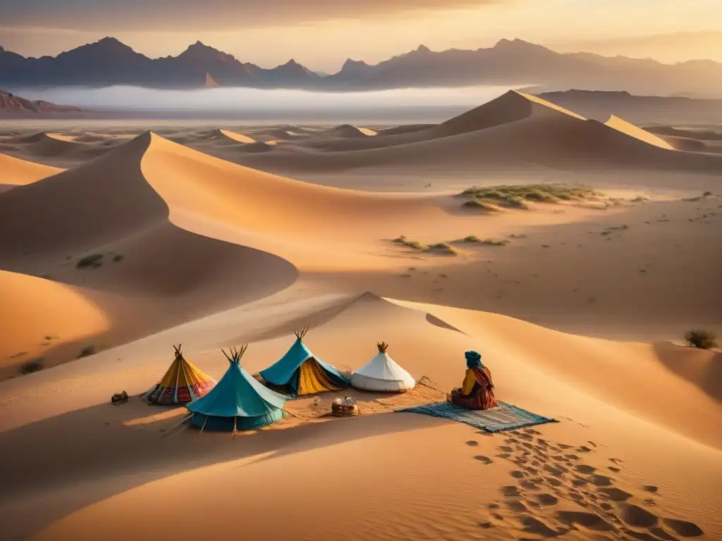 Una fotografía vintage de una tribu nómada en un paisaje desértico, con tiendas intrincadamente decoradas esparcidas por las dunas doradas