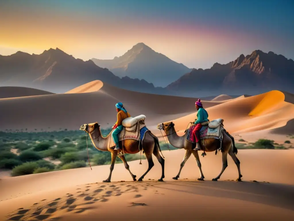 Una tribu nómada recorre paisajes desérticos en camellos, con tiendas adornadas bajo un cielo estrellado