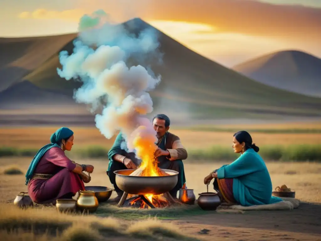 Tribu nómada preparando plato tradicional al atardecer en la estepa, gastronomía tradicional de tribus nómadas