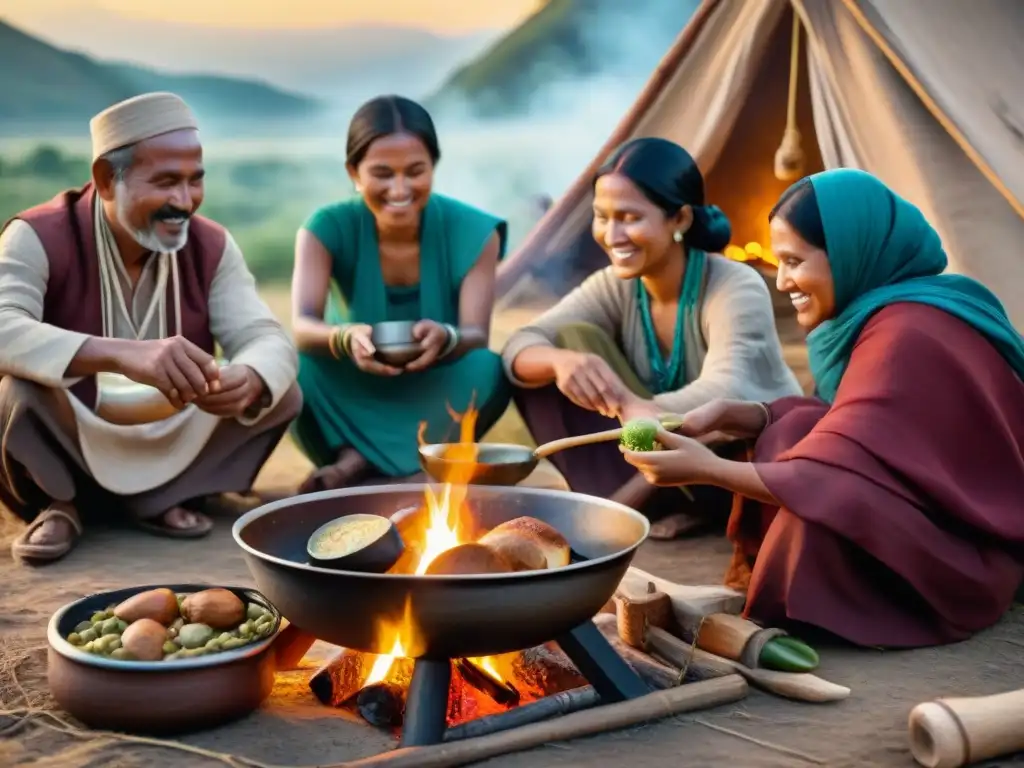 Una tribu nómada cocinando platos tradicionales alrededor de una fogata