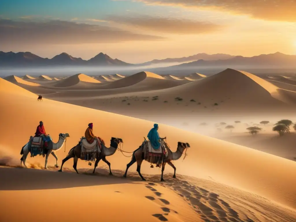 Una tribu nómada en pleno desierto, con tiendas tradicionales detalladas, camellos y actividades variadas bajo un cielo dorado al atardecer