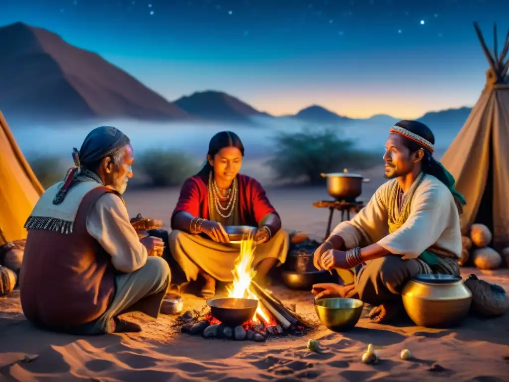 Una tribu nómada cocinando recetas gastronómicas tradicionales alrededor de una fogata en el desierto estrellado