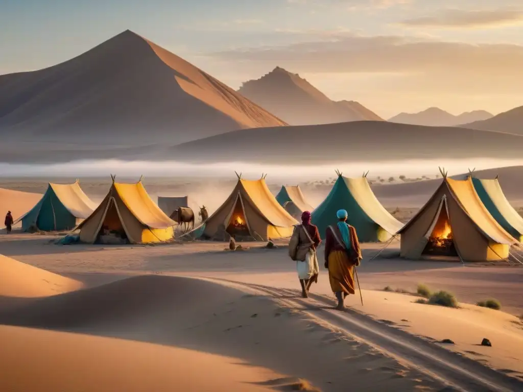 Una tribu nómada maneja sus residuos de forma sostenible al atardecer en el desierto