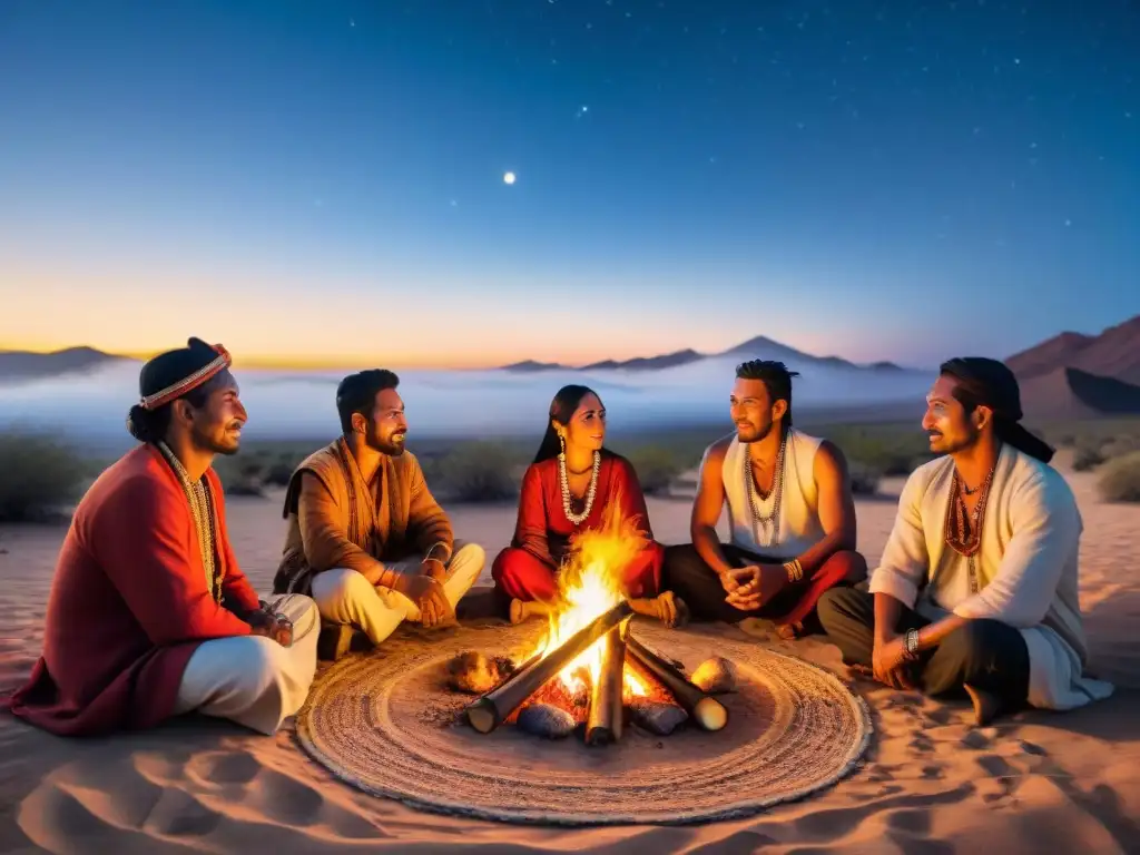 Una tribu nómada disfruta de un retiro espiritual alrededor de una fogata en el desierto, compartiendo sabiduría ancestral bajo el cielo estrellado