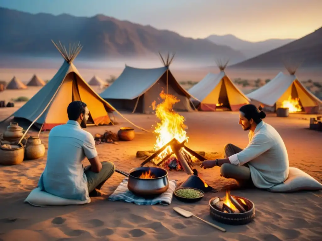 Una tribu nómada reunida alrededor de una fogata en el desierto, mostrando técnicas de cocción en culturas nómadas