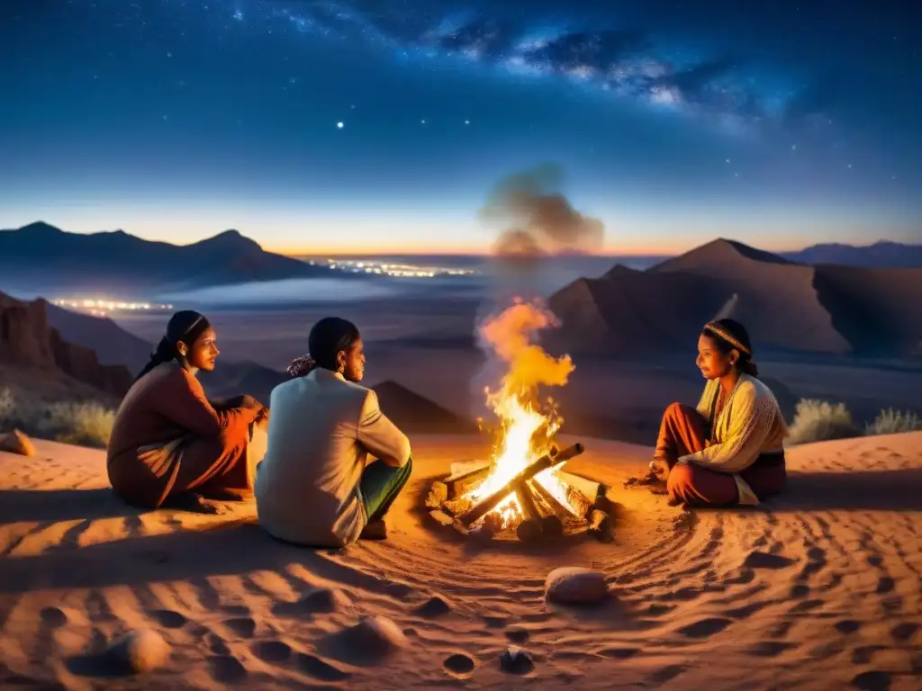 Tribu nómada reunida alrededor de fogata en desierto estrellado