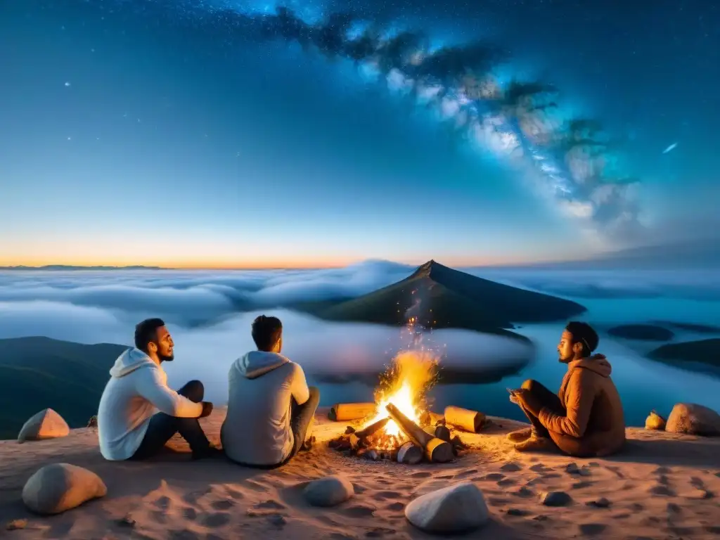 Una tribu nómada reunida alrededor de una fogata bajo un cielo estrellado, con símbolos oníricos, conectando interpretación sueños culturas nómadas