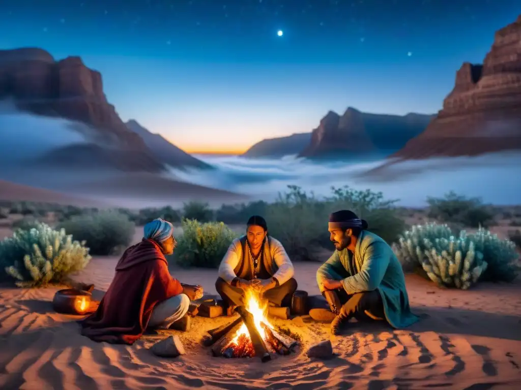 Tribu nómada reunida alrededor de fogata en desierto con plantas medicinales bajo cielo estrellado