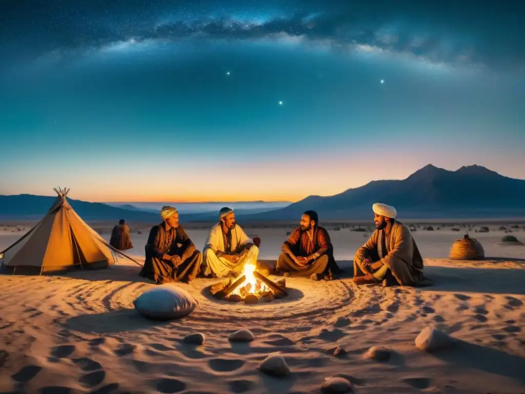 Una tribu nómada reunida alrededor de una fogata bajo un cielo estrellado, transmitiendo espiritualidad de tribus nómadas