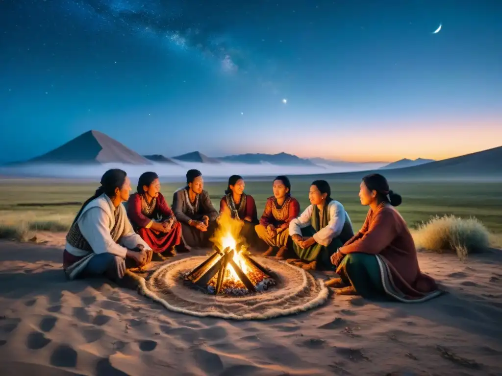 Tribu nómada reunida alrededor de fogata bajo cielo estrellado en la estepa, taller fotografía tribus nómadas