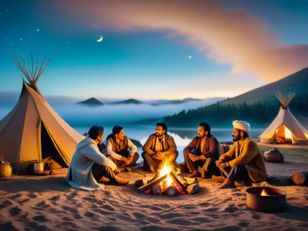 Una tribu nómada reunida alrededor de una fogata bajo un cielo estrellado, expresando comunidad y tradición