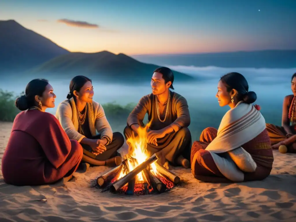 Una tribu nómada reunida alrededor del fuego, contando historias y cantando bajo un cielo estrellado