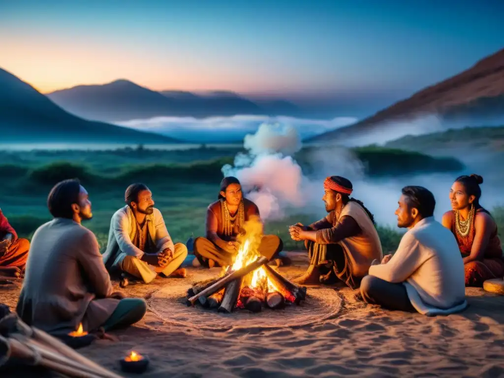 Una tribu nómada reunida alrededor de una hoguera al atardecer, compartiendo historias bajo un cielo estrellado