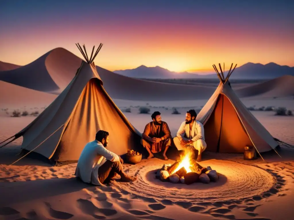 Una ilustración vintage de una tribu nómada reunida alrededor de una hoguera al anochecer, con sombras danzando en la arena del desierto y el cielo nocturno lleno de estrellas