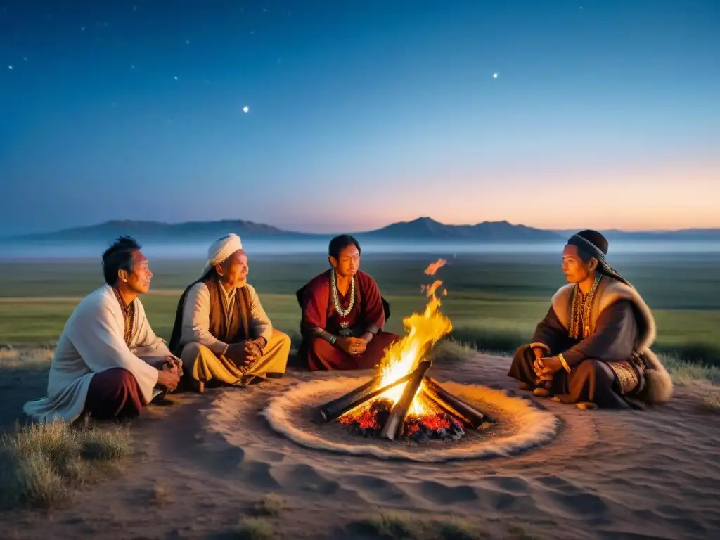 Tribu nómada en ritual espiritual alrededor de fogata en la estepa, conectados con lugares sagrados