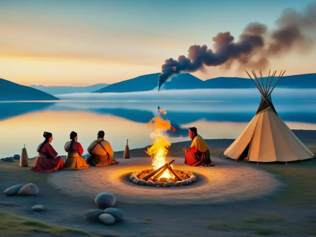 Tribu nómada en ritual sagrado en el Lago Baikal, Siberia, con atuendos ceremoniales al atardecer