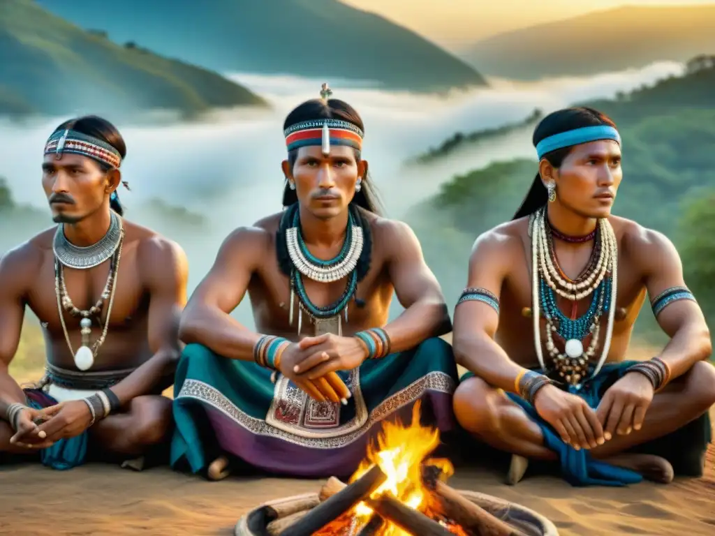 Una fotografía vintage de una tribu nómada en ritual, con vestimenta y símbolos tribales, simbolizando tradición y herencia