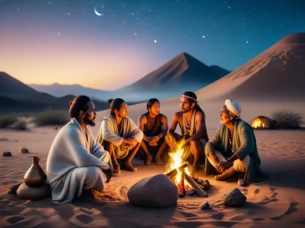 Reunión espiritual: tribu nómada en el desierto Una tribu nómada comparte sabiduría ancestral alrededor de una fogata bajo un cielo estrellado en el desierto