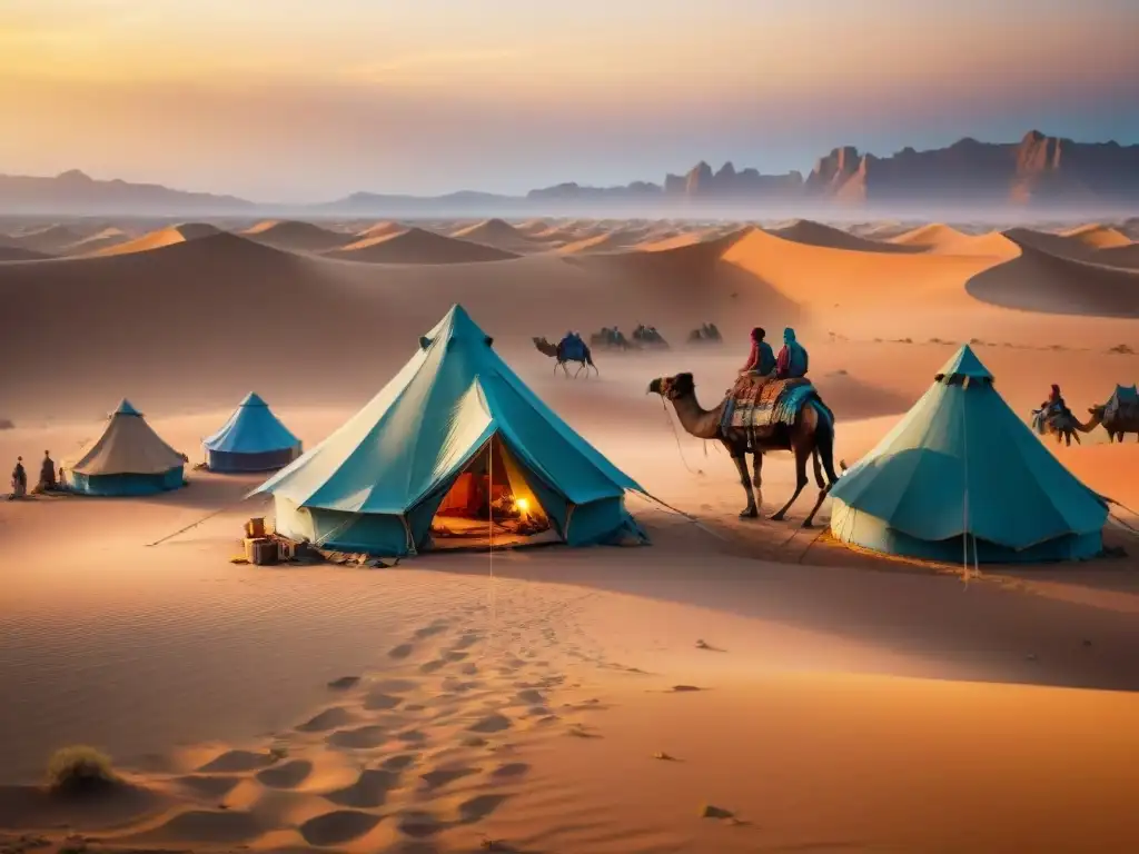 Tribu nómada sedentaria preservando su identidad en el desierto dorado al atardecer