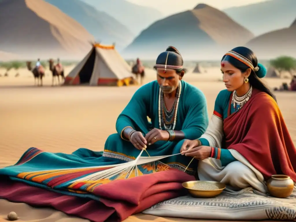 Una tribu nómada teje con simbolismo y tradición en una colorida escena desértica