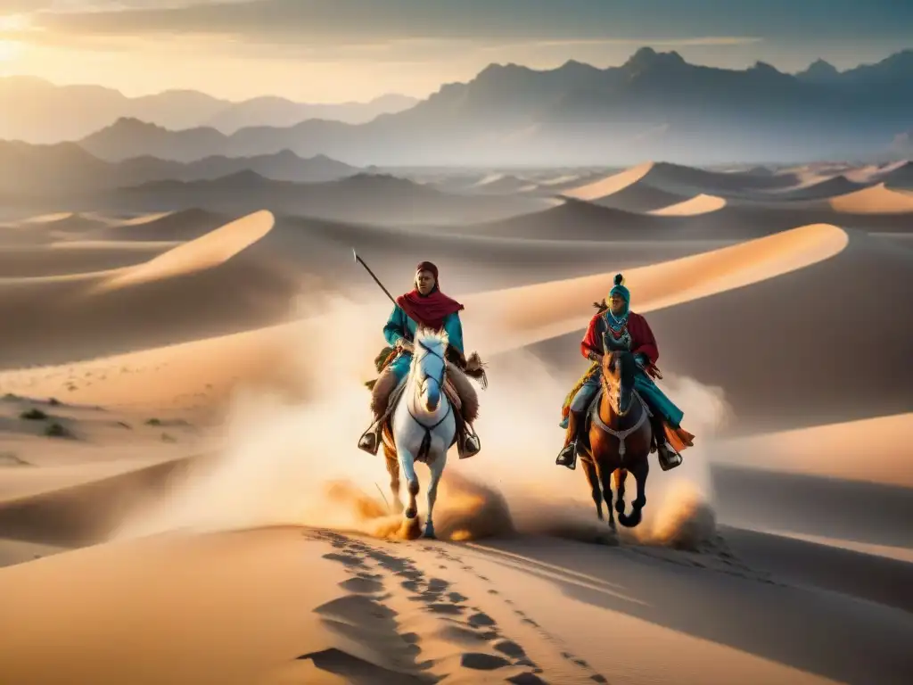 Tribu nómada en tácticas de guerra cabalga por desierto al atardecer