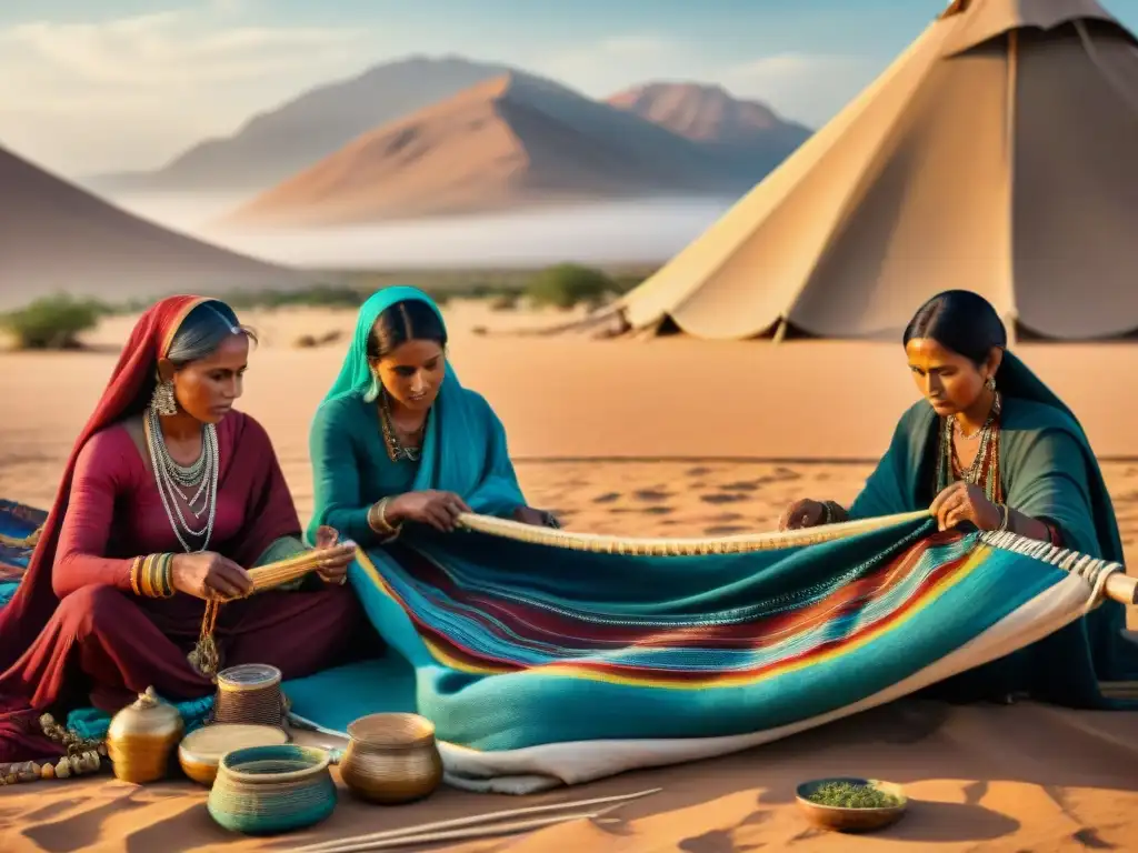Artesanos nómadas tejiendo textiles en el desierto Tribu nómada tejiendo textiles bajo el cielo abierto, capturando la historia y la artesanía textil