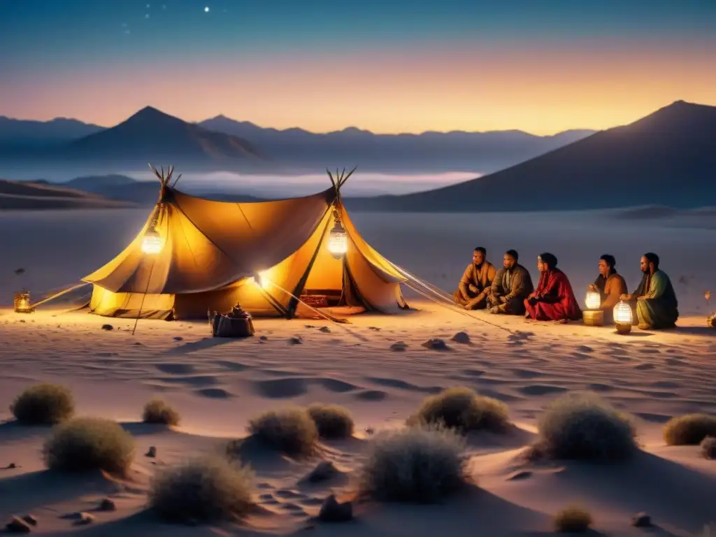 Una tribu nómada armando una tienda tradicional en el desierto bajo un cielo estrellado, reflejando fortalecimiento y resistencia en su estilo de vida