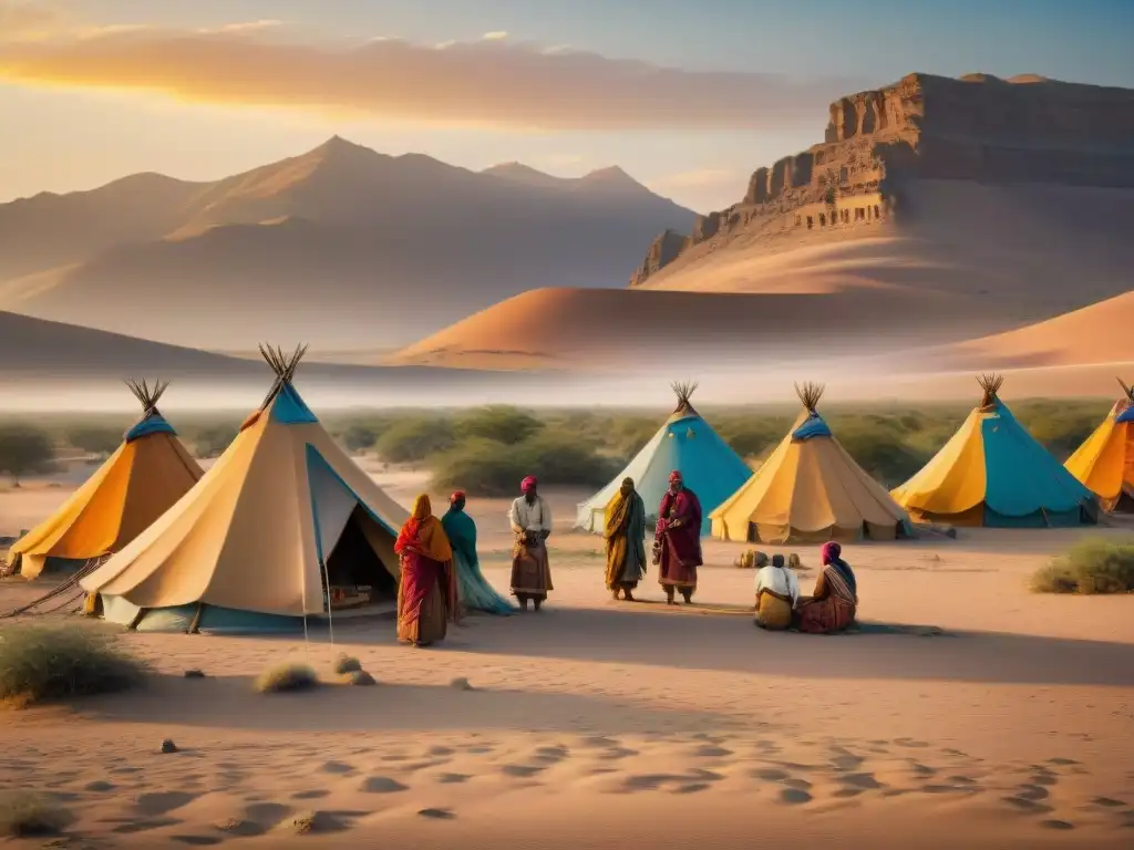 Tribu nómada montando tiendas en desierto dorado al atardecer, conexión emocional tribus nómadas